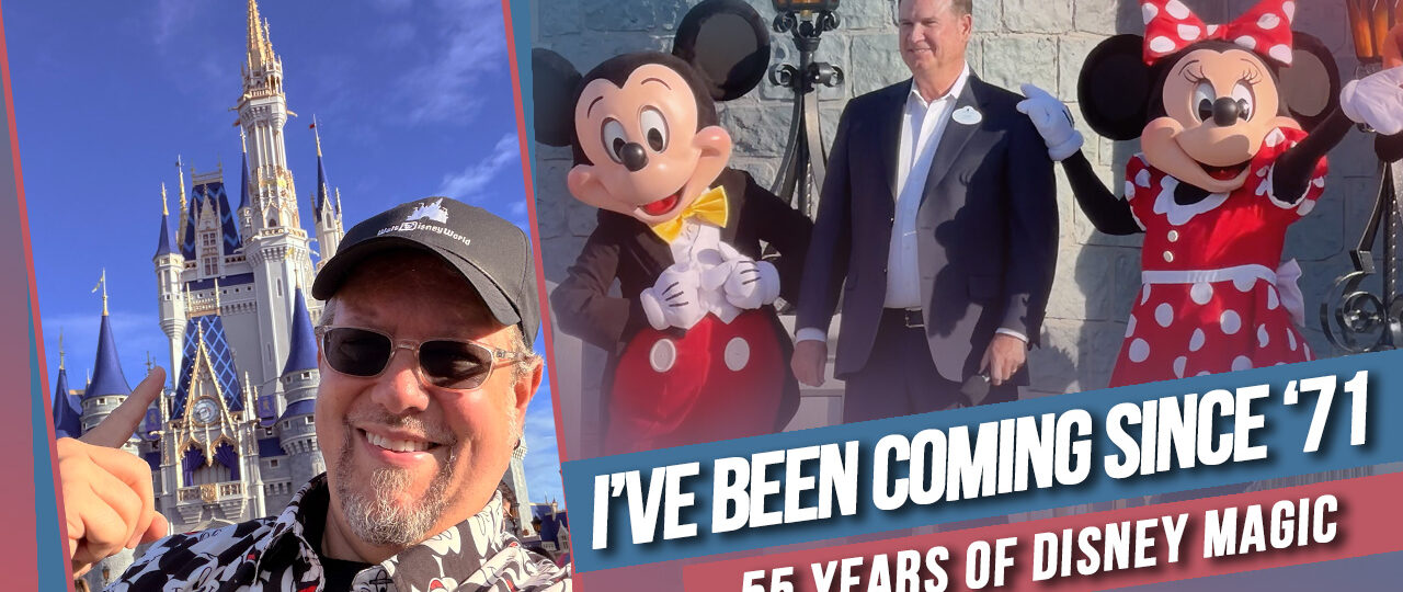 Hank celebrating the Walt Disney World 55th anniversary in front of Cinderella Castle at Magic Kingdom